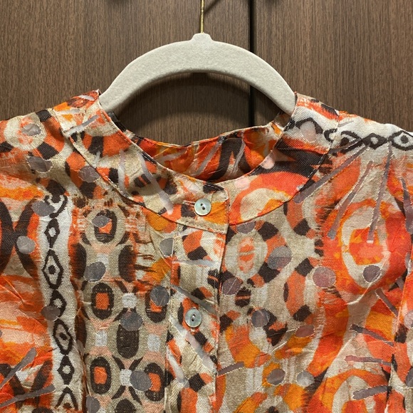 Ruby Rd. Orange Abstract Button Down Top Size 14 Mesh Detail Smocked Back Waist - Picture 4 of 16